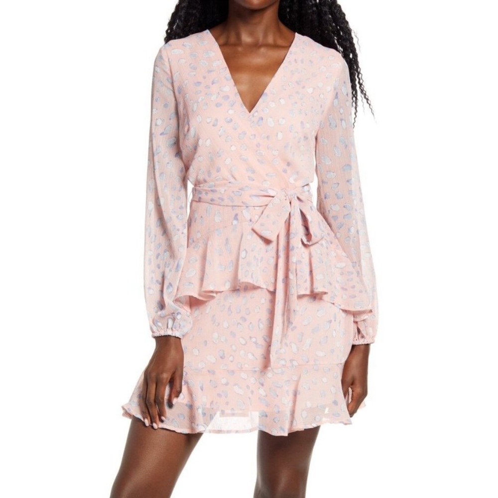 Leith Polka Dot Long Sleeve Ruffle Wrap Dress Pink